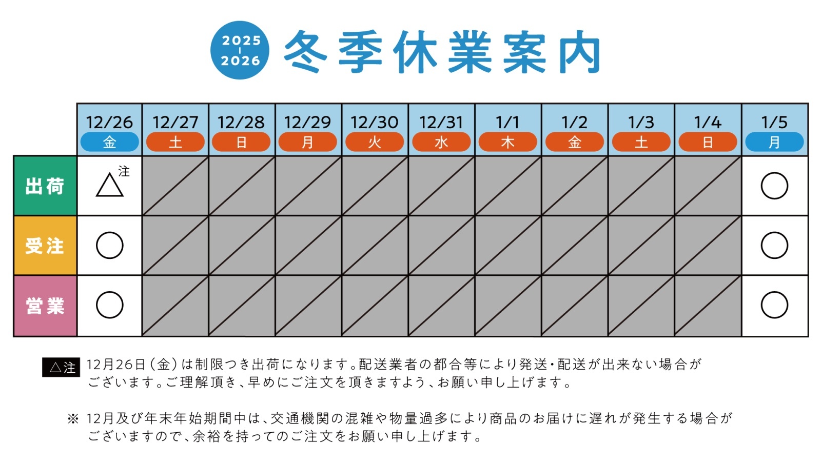 冬季休業による出荷業務一時停止について